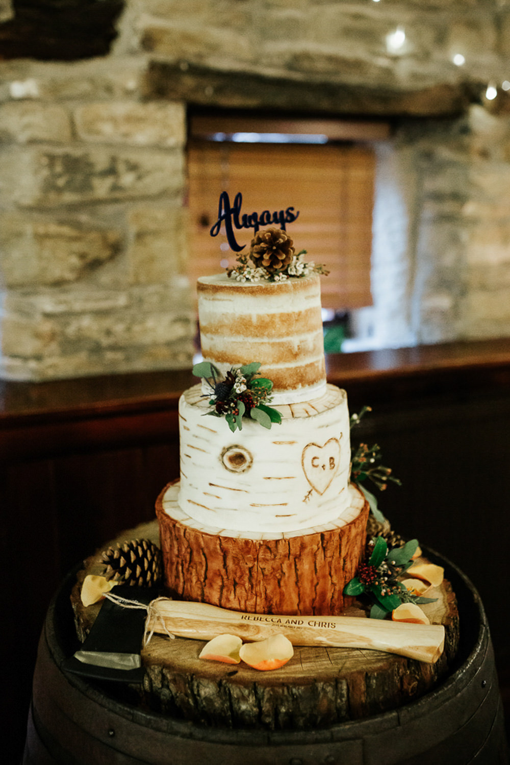Wood Effect Buttercream Harry Potter Cake Topper Laser Cut Wood Slice Tree Trunk Cubley Hall Wedding Photography by Charli