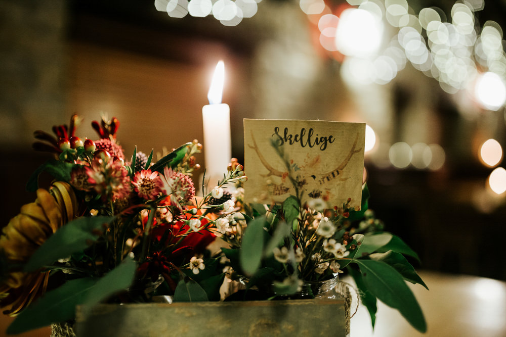 Table Centre Floral Wax Flower Candle Table Name Cubley Hall Wedding Photography by Charli