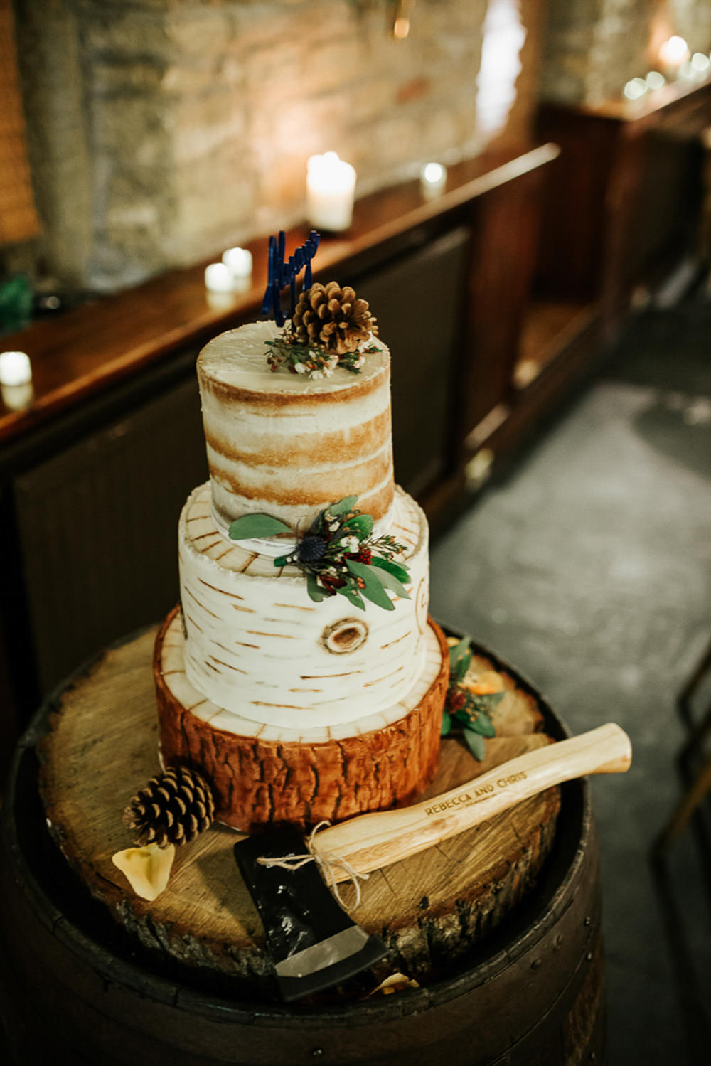 Cake Wood Tree Slice Buttercream Axe Cubley Hall Wedding Photography by Charli