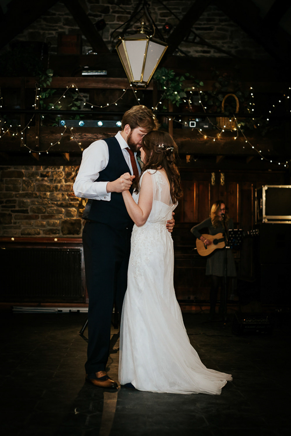 Bride Bridal Dress Cape Sleeve V Neck Lace Embellished Groom Burnt Orange Tie Black Suit Cubley Hall Wedding Photography by Charli