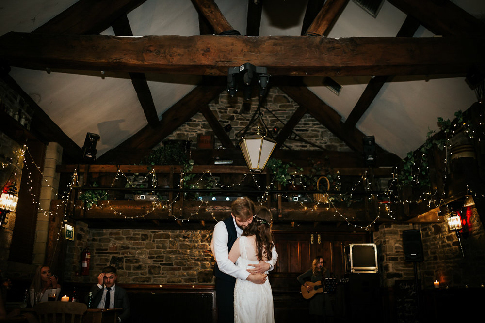 Bride Bridal Dress Cape Sleeve V Neck Lace Embellished Groom Burnt Orange Tie Black Suit Cubley Hall Wedding Photography by Charli
