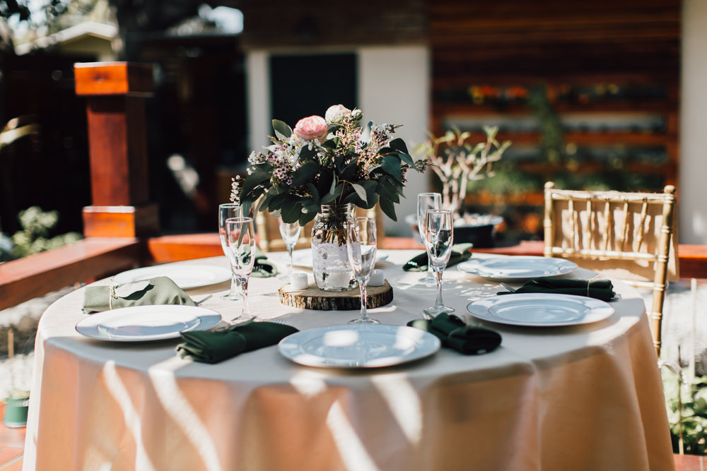 Table Centrepiece Flowers Jar Log Slice Emotional Outdoor Wedding Laura Memory Photography