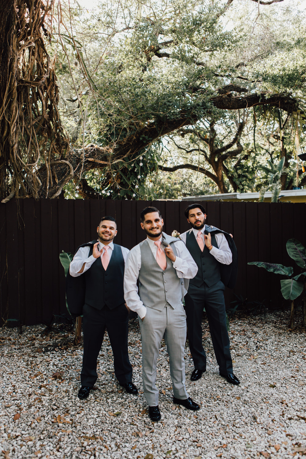 Groomsmen Groom Suits Grey Pink Ties Navy Emotional Outdoor Wedding Laura Memory Photography