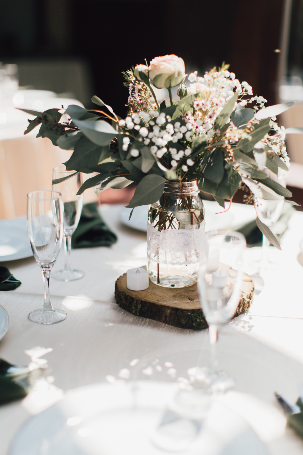 Table Centrepiece Flowers Jar Log Slice Greenery Foliage Peony Emotional Outdoor Wedding Laura Memory Photography