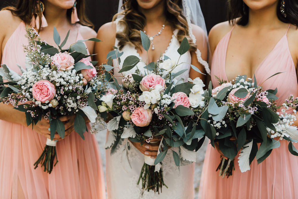 Bouquet Flowers Bride Bridal Peony Greenery Foliage Pink Bridesmaids Emotional Outdoor Wedding Laura Memory Photography