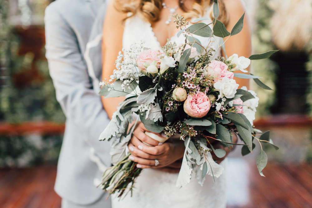 Bouquet Flowers Bride Bridal Peony Greenery Foliage Pink Gypsophila Emotional Outdoor Wedding Laura Memory Photography