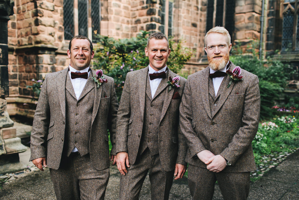 Tweed Suit Three Piece Waistcoat Groom Bow Tie Groomsmen Floral Farm Wedding Jessica O'Shaughnessy Photography