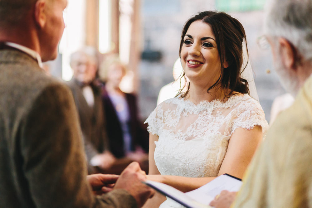 Bride Bridal Short Sleeve Lace A Line Dress Gown Tweed Suit Bow Time Groom Floral Farm Wedding Jessica O'Shaughnessy Photography