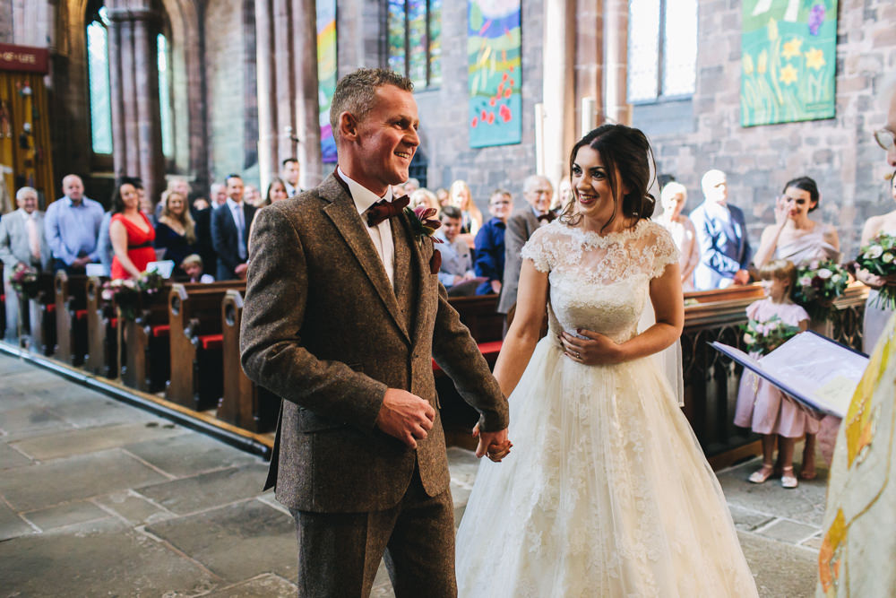 Bride Bridal Short Sleeve Lace A Line Dress Gown Tweed Suit Bow Time Groom Floral Farm Wedding Jessica O'Shaughnessy Photography