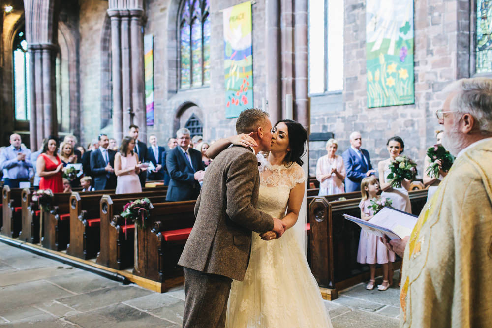 Bride Bridal Short Sleeve Lace A Line Dress Gown Tweed Suit Bow Time Groom Floral Farm Wedding Jessica O'Shaughnessy Photography