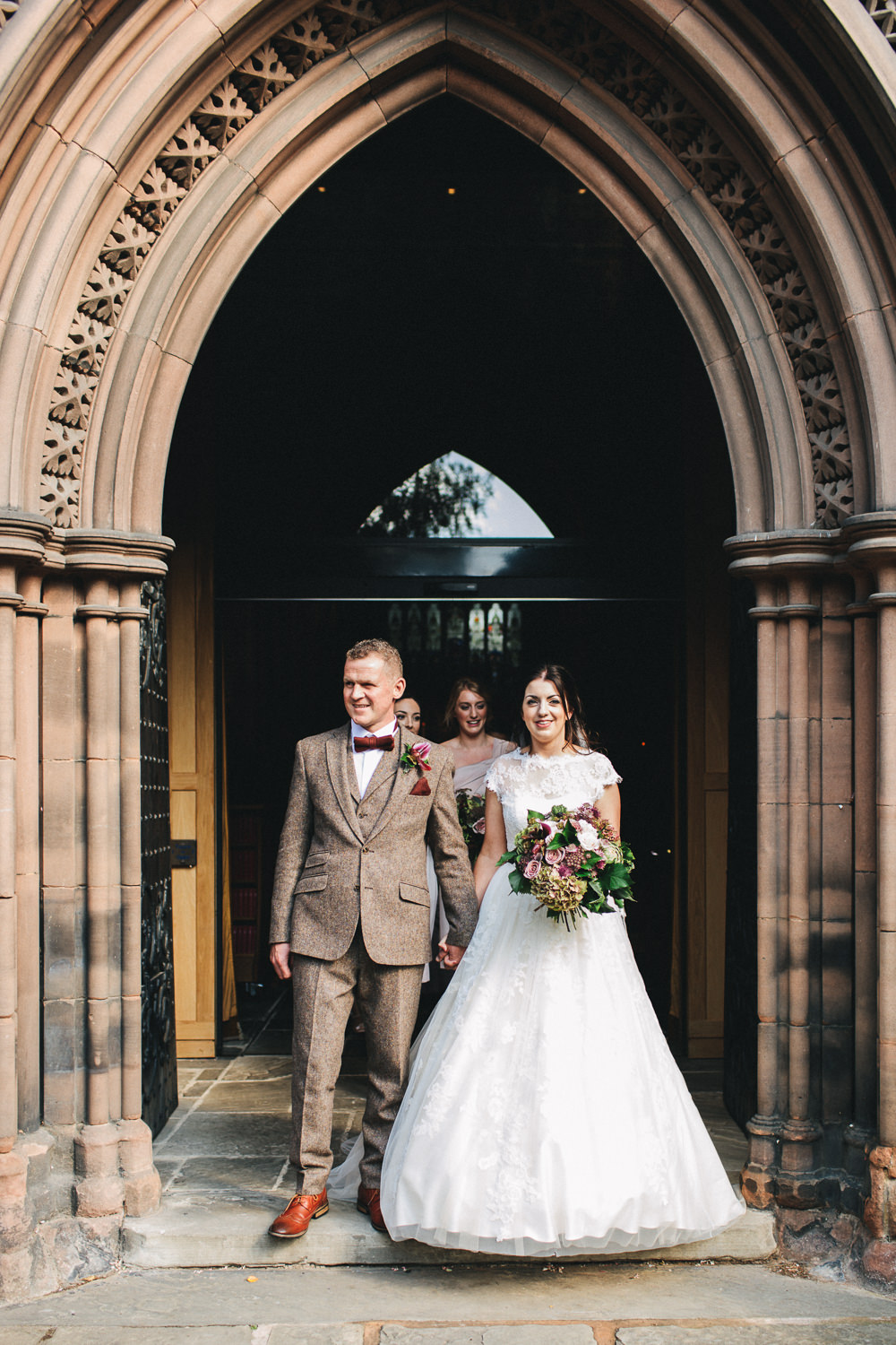 Bride Bridal Short Sleeve Lace A Line Dress Gown Tweed Suit Bow Time Groom Bouquet Floral Farm Wedding Jessica O'Shaughnessy Photography