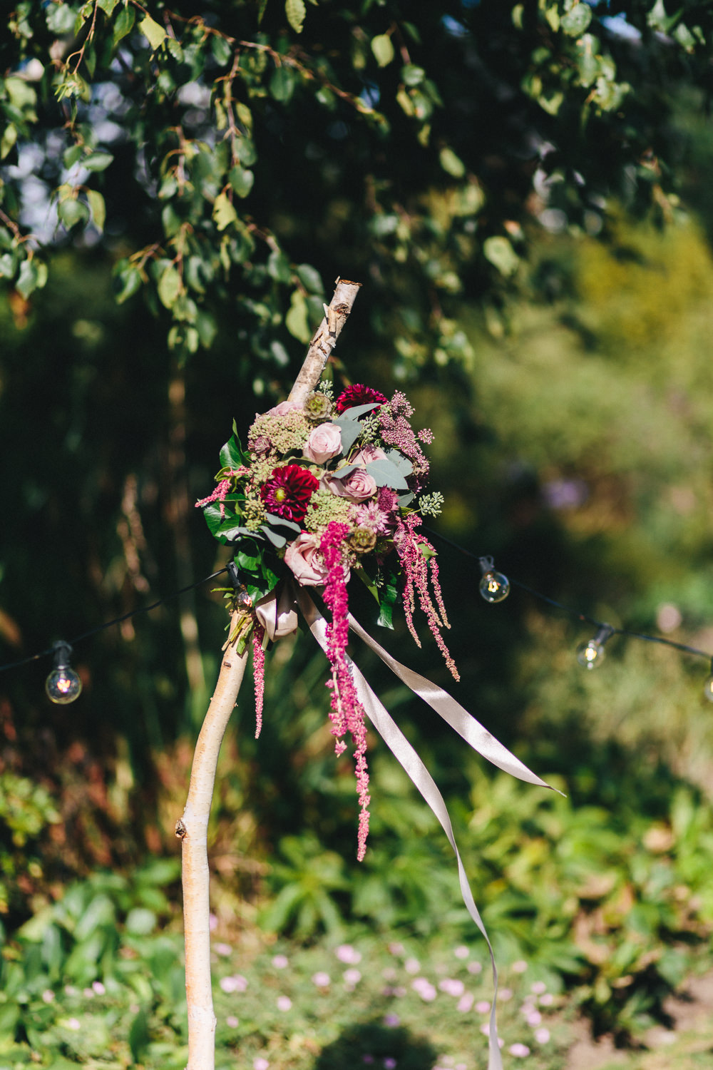 Stakes Festoon Lighting Flowers Trailing Floral Farm Wedding Jessica O'Shaughnessy Photography