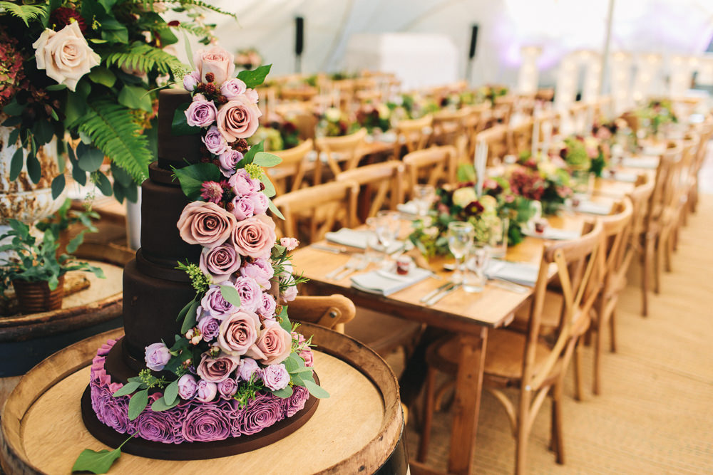 Tired cake Ruffles Rose Flowers Wooden Tables Cross Back Chairs Floral Farm Wedding Jessica O'Shaughnessy Photography