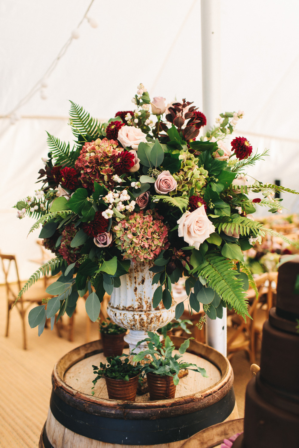 Barrel Urn Flowers Fern Rose Greenery Foliage Pink Burgundy Floral Farm Wedding Jessica O'Shaughnessy Photography