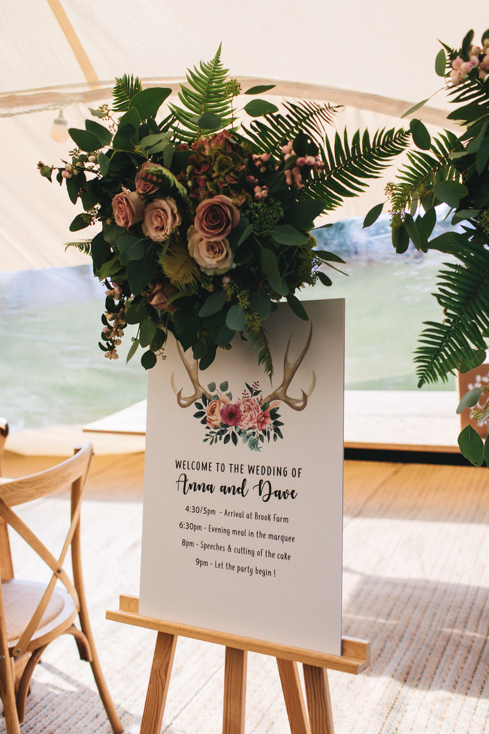 Welcome Sign Order Antler Timings Flowers Rose Fern Greenery Floral Farm Wedding Jessica O'Shaughnessy Photography