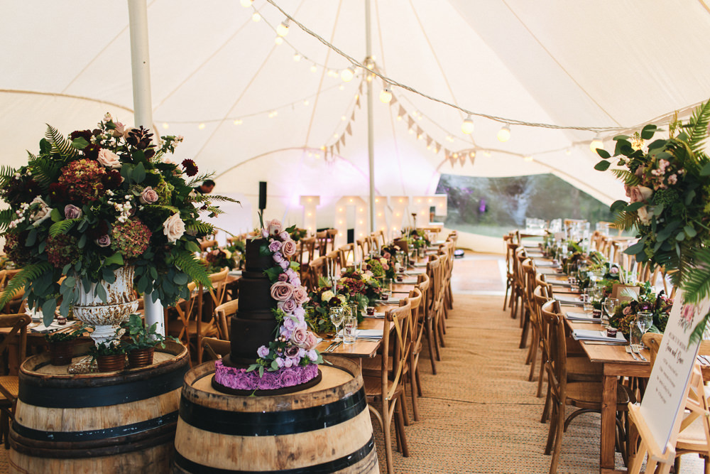 Stretch Tent Bunting Festoon Lighting Barrel Urn Flowers Arrangement Cake Floral Farm Wedding Jessica O'Shaughnessy Photography