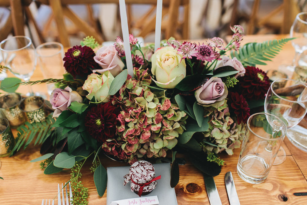 Flowers Rose Pink Burgundy Fern Centrepiece Table Centre Floral Farm Wedding Jessica O'Shaughnessy Photography