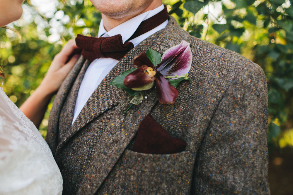 Tweed Three Piece Waistcoat Groom Buttonhole Bow Tie Floral Farm Wedding Jessica O'Shaughnessy Photography