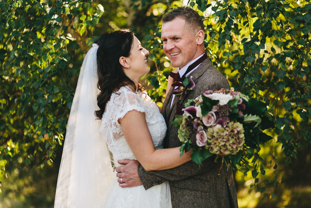Bride Bridal Short Sleeve Lace A Line Dress Gown Tweed Suit Bow Time Groom Floral Farm Wedding Jessica O'Shaughnessy Photography