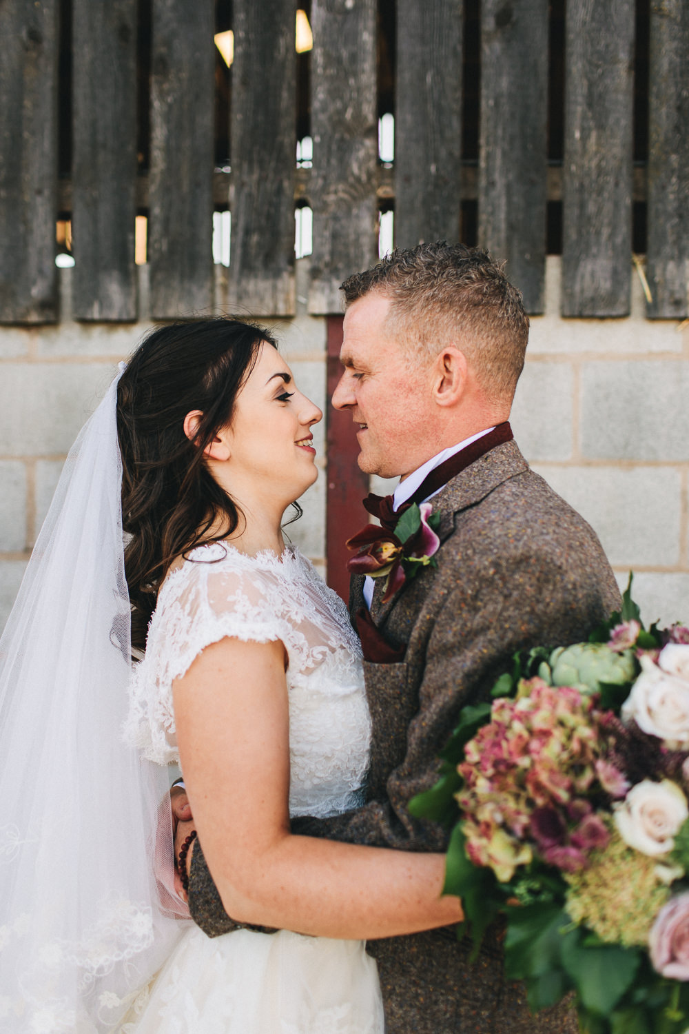 Bride Bridal Short Sleeve Lace A Line Dress Gown Tweed Suit Bow Time Groom Bouquet Floral Farm Wedding Jessica O'Shaughnessy Photography