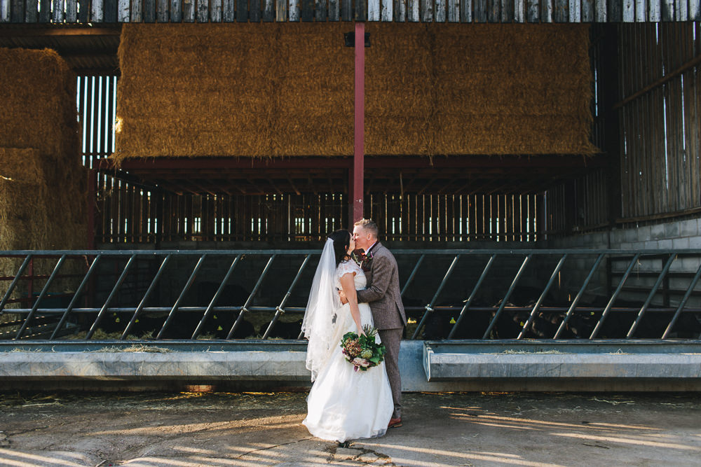 Bride Bridal Short Sleeve Lace A Line Dress Gown Tweed Suit Bow Time Groom Bouquet Floral Farm Wedding Jessica O'Shaughnessy Photography