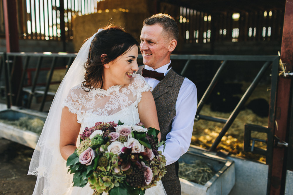 Bride Bridal Short Sleeve Lace A Line Dress Gown Tweed Suit Bow Time Groom Bouquet Floral Farm Wedding Jessica O'Shaughnessy Photography