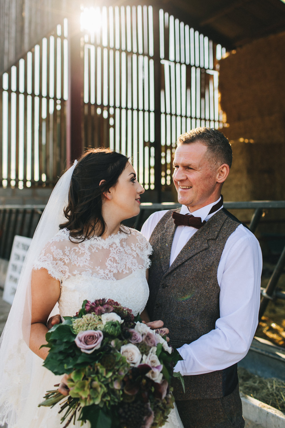 Bride Bridal Short Sleeve Lace A Line Dress Gown Tweed Suit Bow Time Groom Bouquet Floral Farm Wedding Jessica O'Shaughnessy Photography