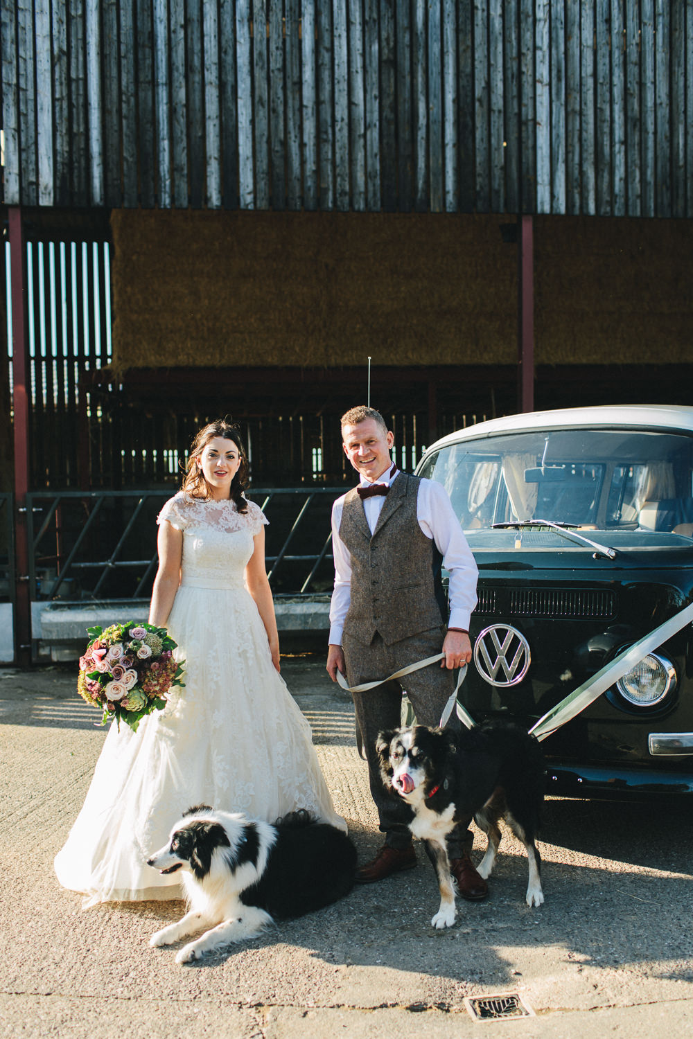 Bride Bridal Short Sleeve Lace A Line Dress Gown Tweed Suit Bow Time Groom Large Bouquet Floral Farm Wedding Jessica O'Shaughnessy Photography