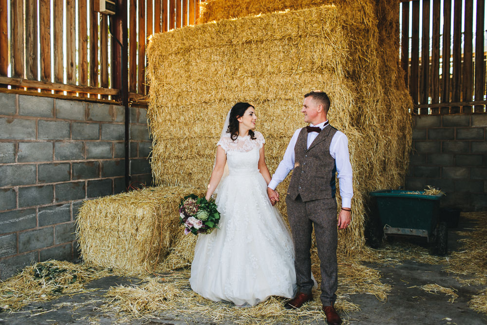 Bride Bridal Short Sleeve Lace A Line Dress Gown Tweed Suit Bow Time Groom Bouquet Floral Farm Wedding Jessica O'Shaughnessy Photography