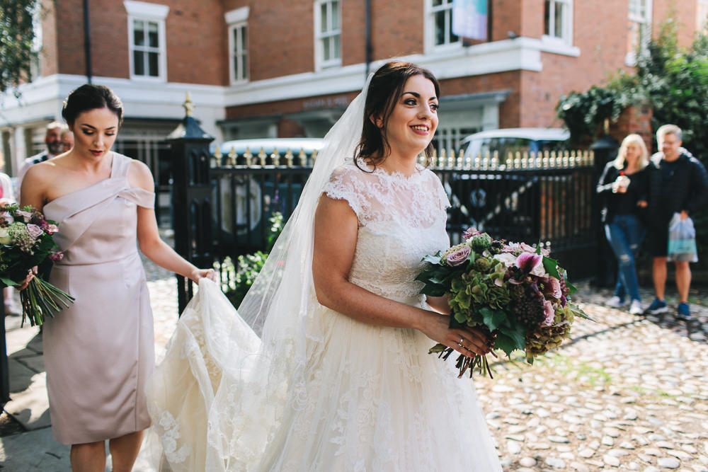 Bride Bridal Short Sleeve Lace A Line Dress Gown Reiss Mushroom Dress One Shoulder Bouquet Floral Farm Wedding Jessica O'Shaughnessy Photography