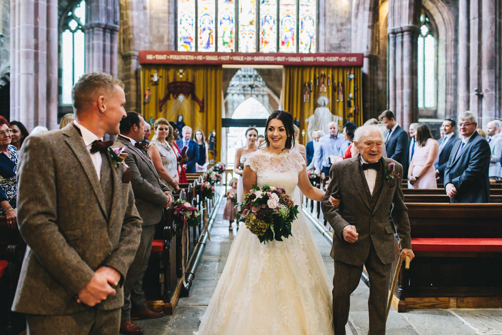 Bride Bridal Short Sleeve Lace A Line Dress Gown Tweed Suit Bow Time Groom Bouquet Succulent Floral Farm Wedding Jessica O'Shaughnessy Photography