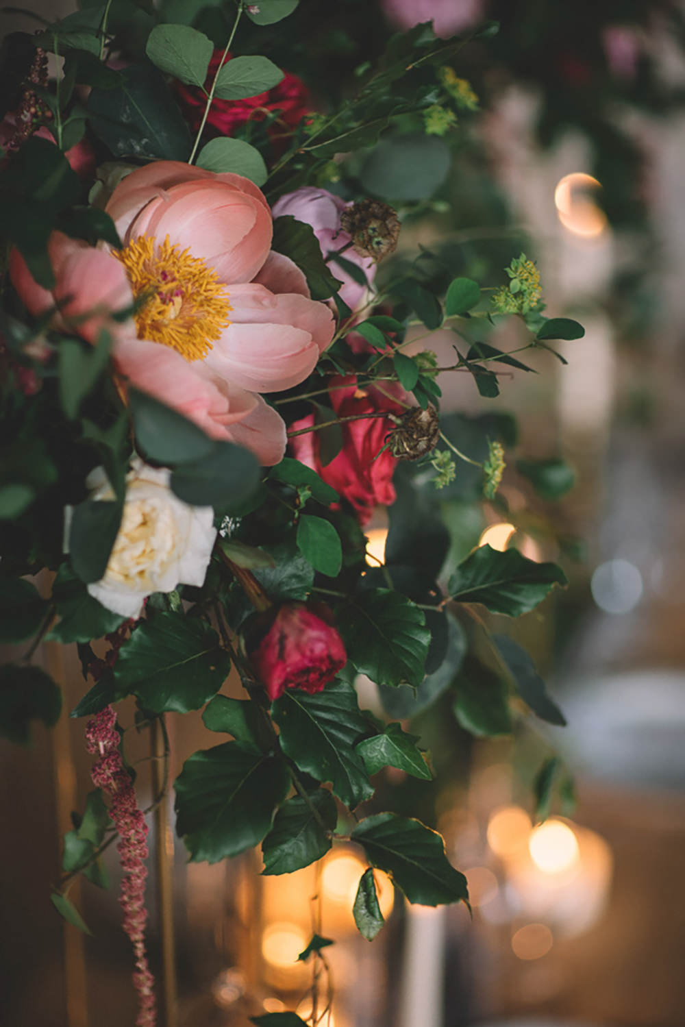 Table Tablescape Flowers Tall High Suspended Hanging Gold Greenery Foliage Coral Peony Peonies Free Spirited Wedding Ideas Woodland Lumiere Photographic