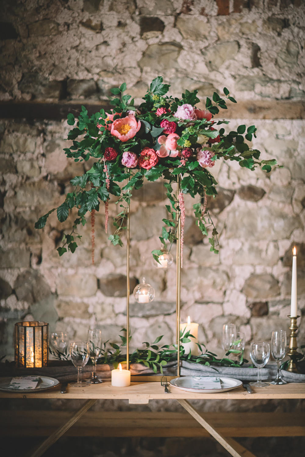 Table Tablescape Flowers Tall High Suspended Hanging Gold Greenery Foliage Coral Peony Peonies Candles Runner Free Spirited Wedding Ideas Woodland Lumiere Photographic