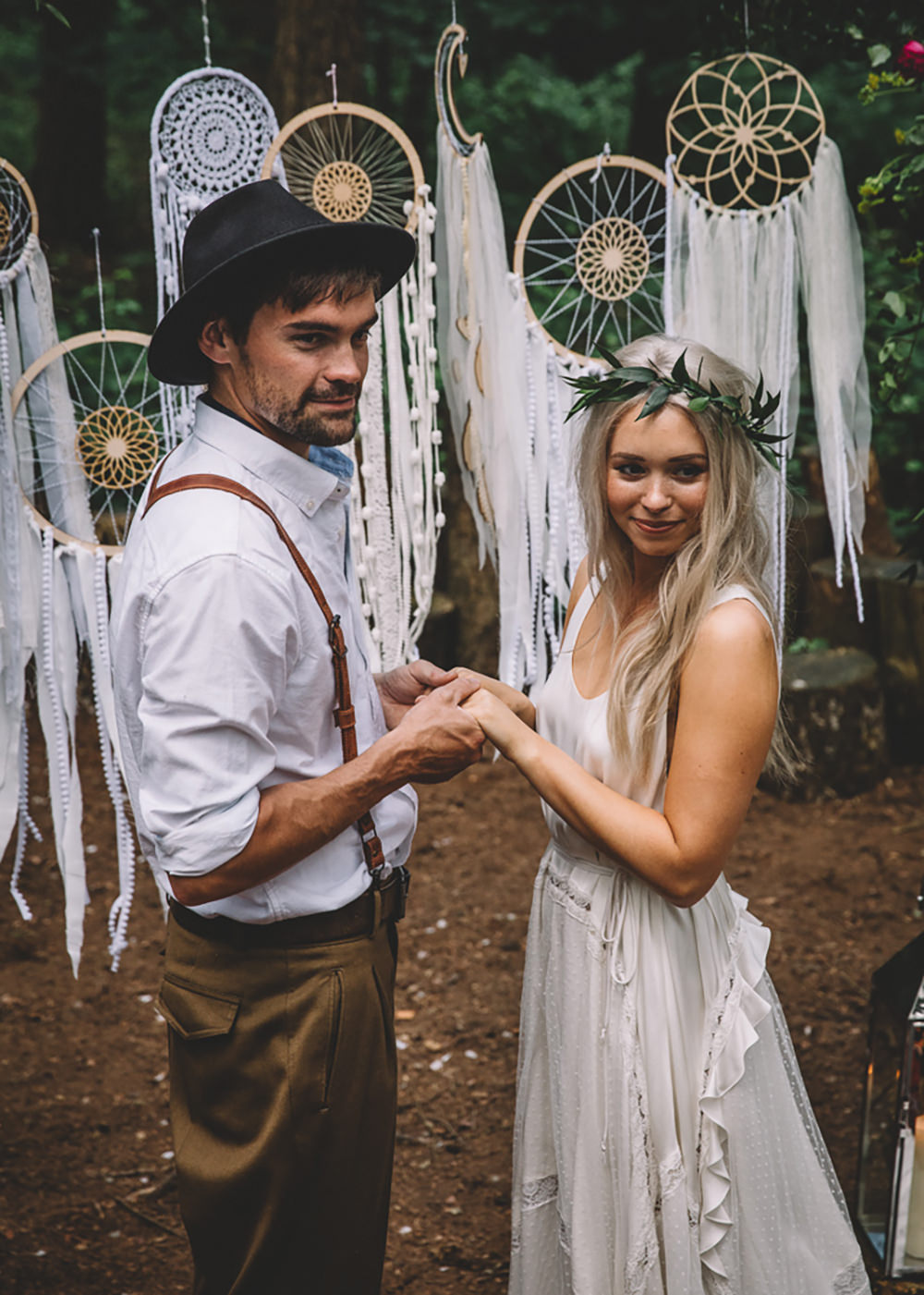 Ceremony Backdrop Wooden Frame Log Stumps Candles Persian Rug Aisle Dreamcatchers Flowers Bohemian Boho Free Spirited Wedding Ideas Woodland Lumiere Photographic