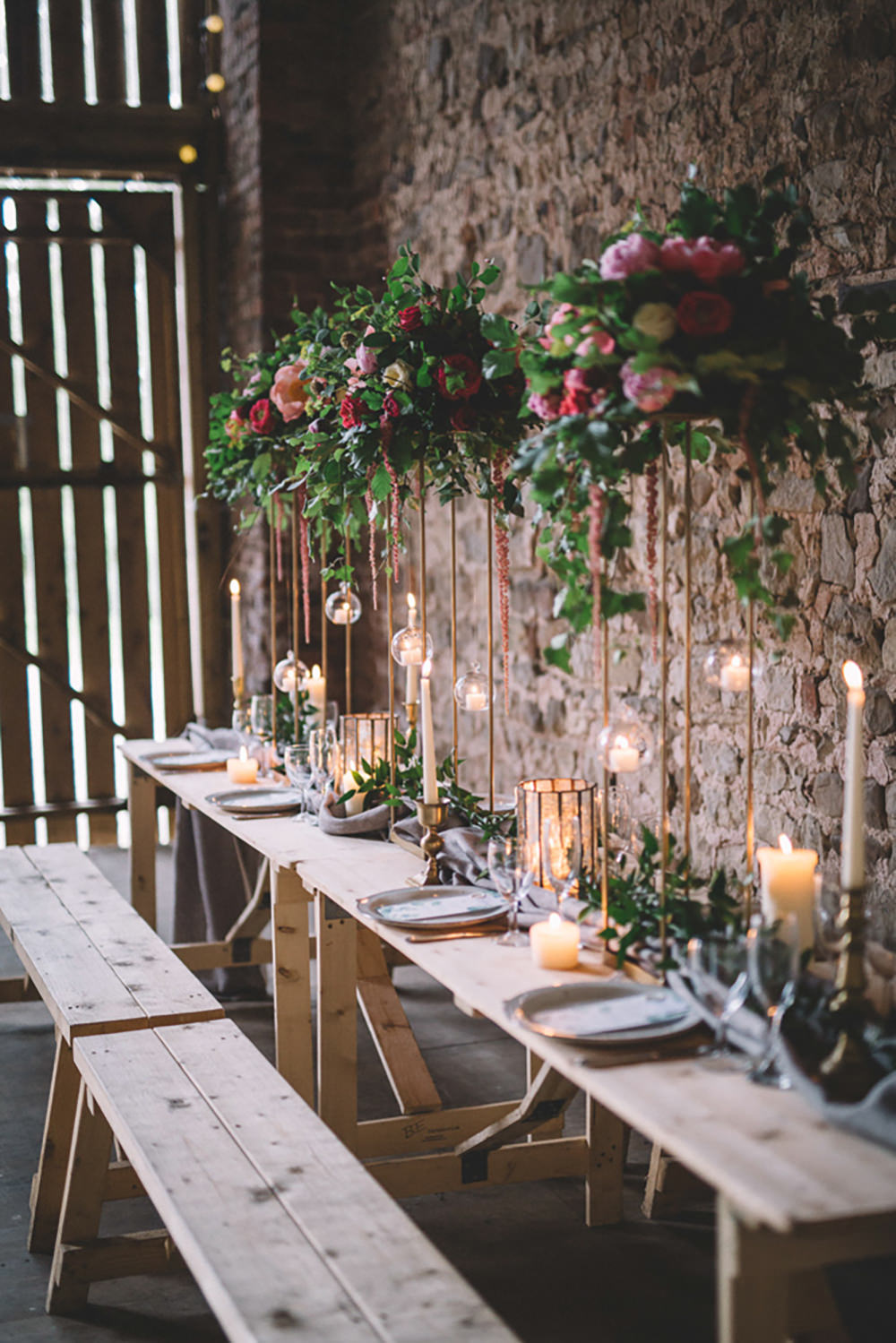 Table Tablescape Flowers Tall High Suspended Hanging Gold Greenery Foliage Coral Peony Peonies Candles Runner Long Free Spirited Wedding Ideas Woodland Lumiere Photographic