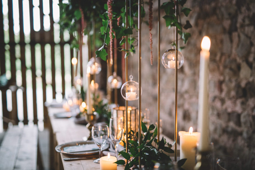 Table Tablescape Flowers Tall High Suspended Hanging Gold Greenery Foliage Coral Peony Peonies Candles Runner Free Spirited Wedding Ideas Woodland Lumiere Photographic