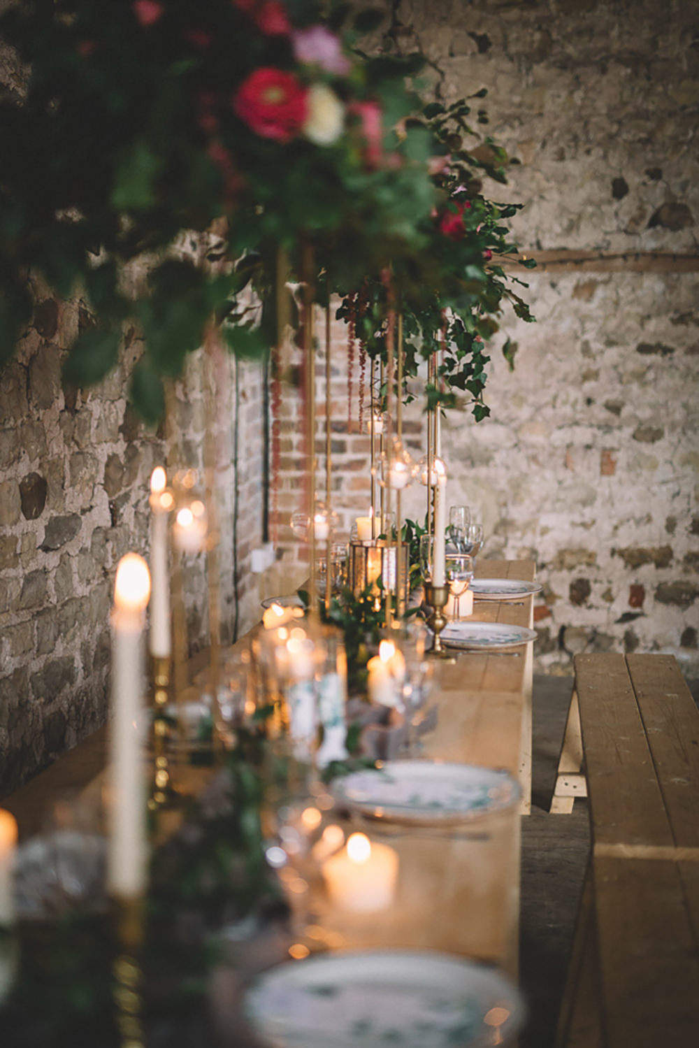 Table Tablescape Flowers Tall High Suspended Hanging Gold Greenery Foliage Coral Peony Peonies Candles Runner Free Spirited Wedding Ideas Woodland Lumiere Photographic