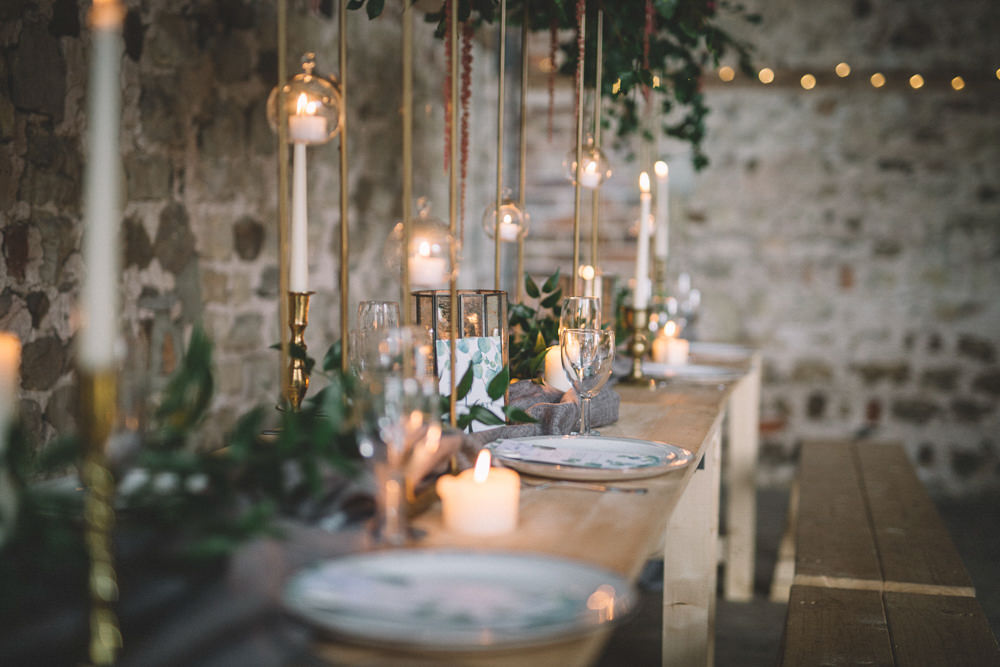 Table Tablescape Flowers Tall High Suspended Hanging Gold Greenery Foliage Coral Peony Peonies Candles Runner Free Spirited Wedding Ideas Woodland Lumiere Photographic