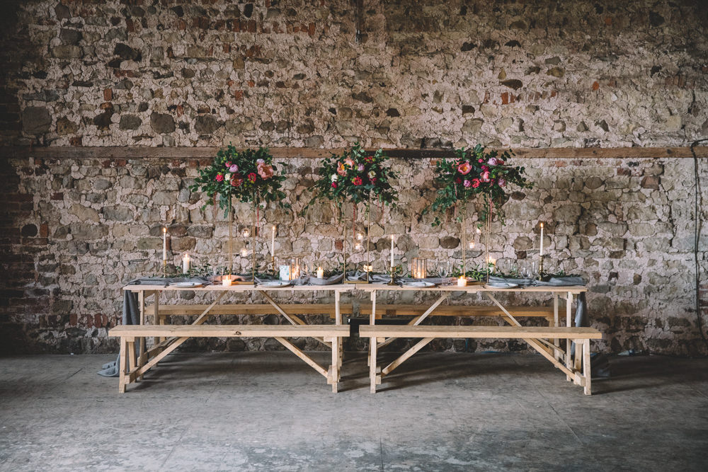 Table Tablescape Flowers Tall High Suspended Hanging Gold Greenery Foliage Coral Peony Peonies Candles Runner Free Spirited Wedding Ideas Woodland Lumiere Photographic