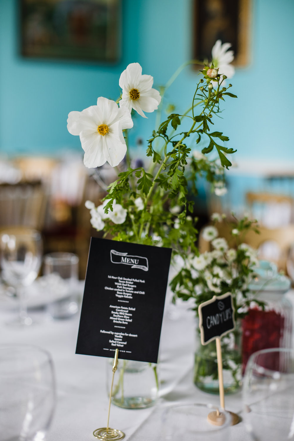 White Green Table Flowers Centrepicece Chalk Board Menu Fun Laughter Relaxed Wedding Chris Barber Photography