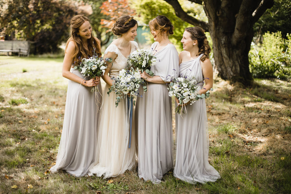 Bridesmaids Long Maxi Dresses Lilac Purple Grey Fun Laughter Relaxed Wedding Chris Barber Photography
