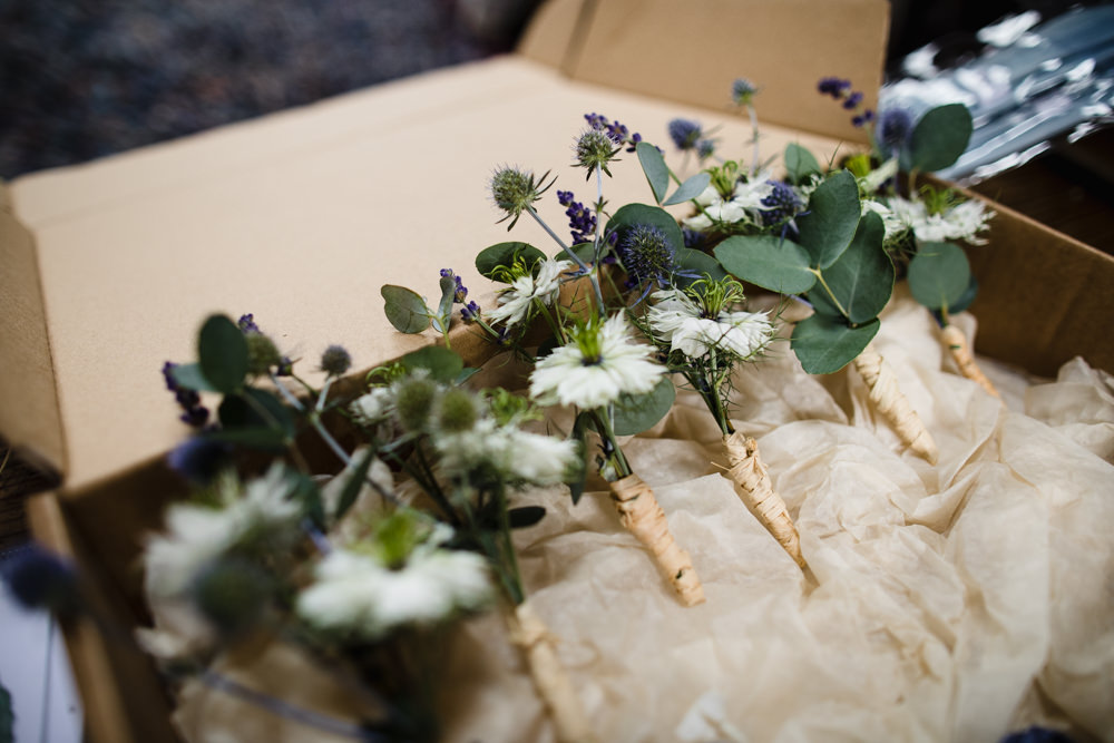 Buttonholes Twine Thistle Lavender Fun Laughter Relaxed Wedding Chris Barber Photography