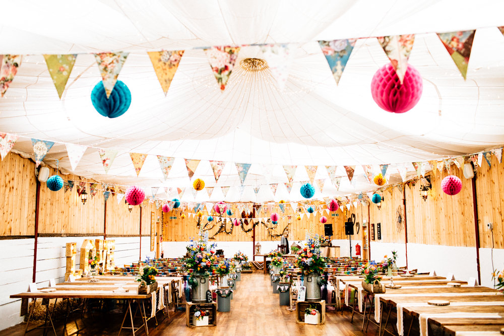 Paper Lantern Bunting Milk Churns Multicolour Rustic Wooden Fun Quirky Colourful Wedding Fairclough Studios