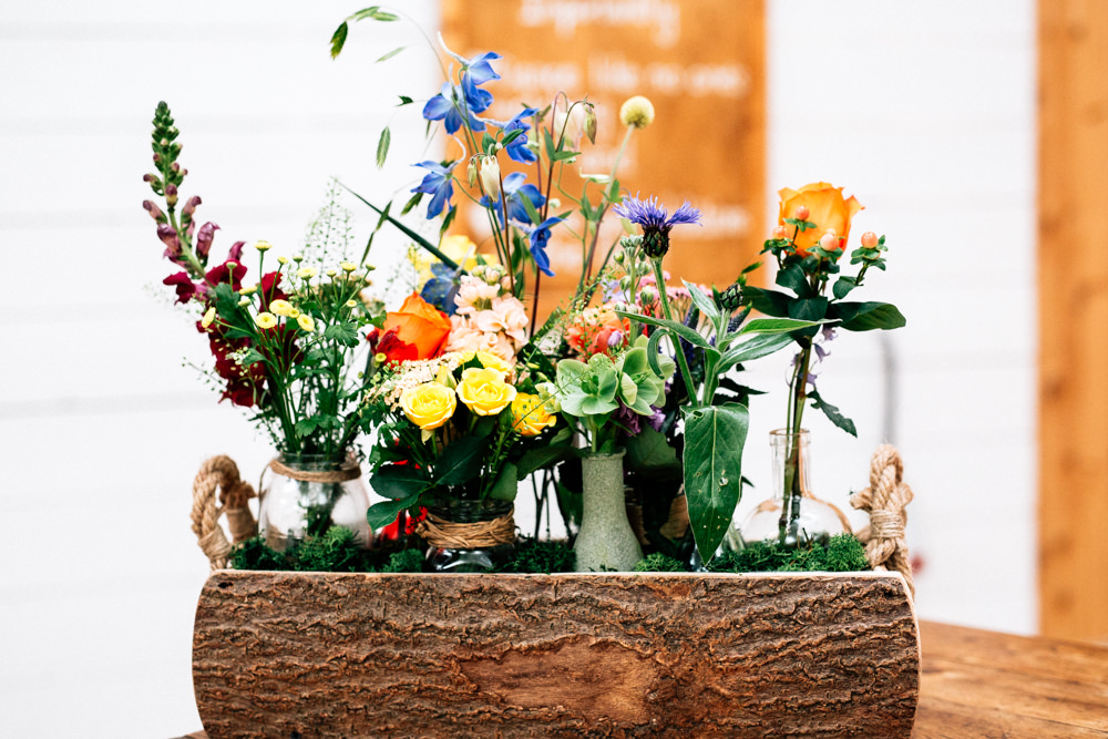 Log Flower Arrangement Wildflower Floral Meadow Vase Jar Fun Quirky Colourful Wedding Fairclough Studios