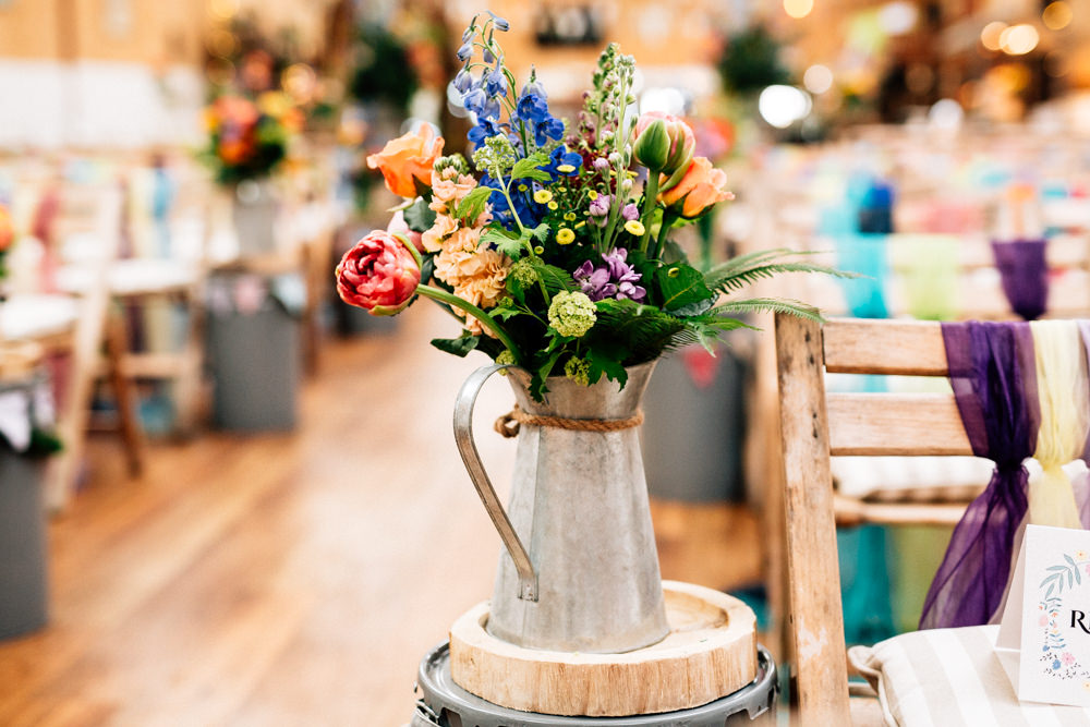 Metal Vase Floral Arrangement Flowers Aisle End Fun Quirky Colourful Wedding Fairclough Studios