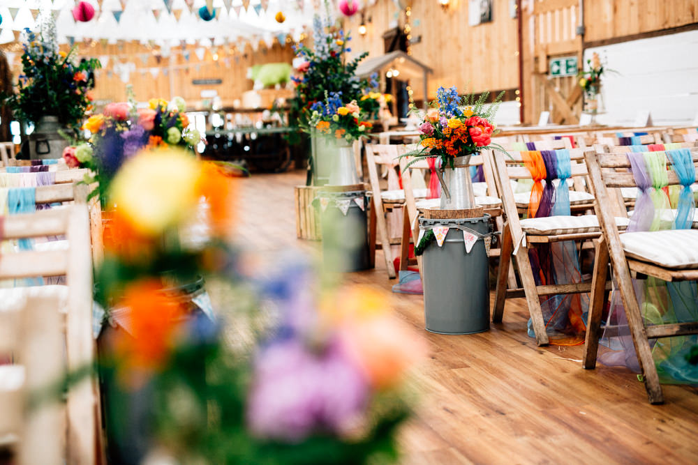 Ceremony Aisle Chiffon Ribbon Chair Back Bunting Paper Lanterns Fun Quirky Colourful Wedding Fairclough Studios