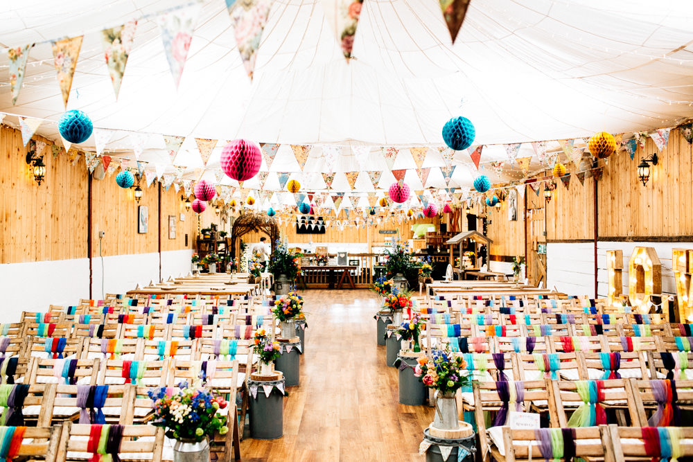Ceremony Set Up Paper Lanterns Bunting Multicoloured Chiffon Tie Chair Back Fun Quirky Colourful Wedding Fairclough Studios