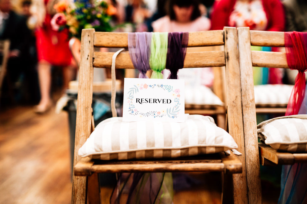 Chair Reserved Chiffon Chair Back Ceremony Fun Quirky Colourful Wedding Fairclough Studios