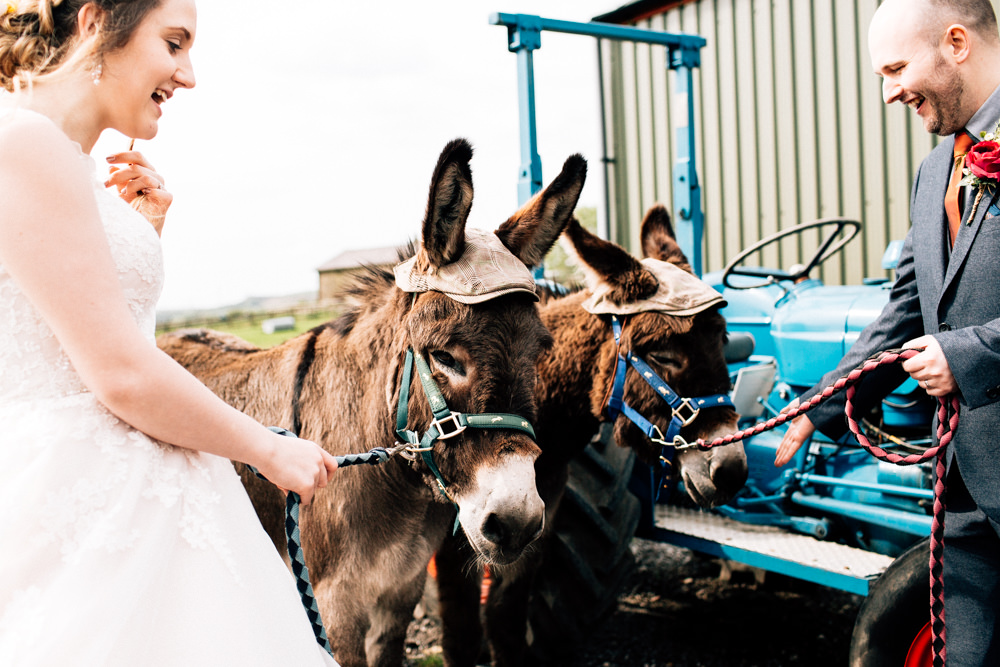 Bride Bridal Lace Tulle Full Skirt Sweetheart Illusion Navy Suit Orange Tie Groom Donkeys Fun Quirky Colourful Wedding Fairclough Studios