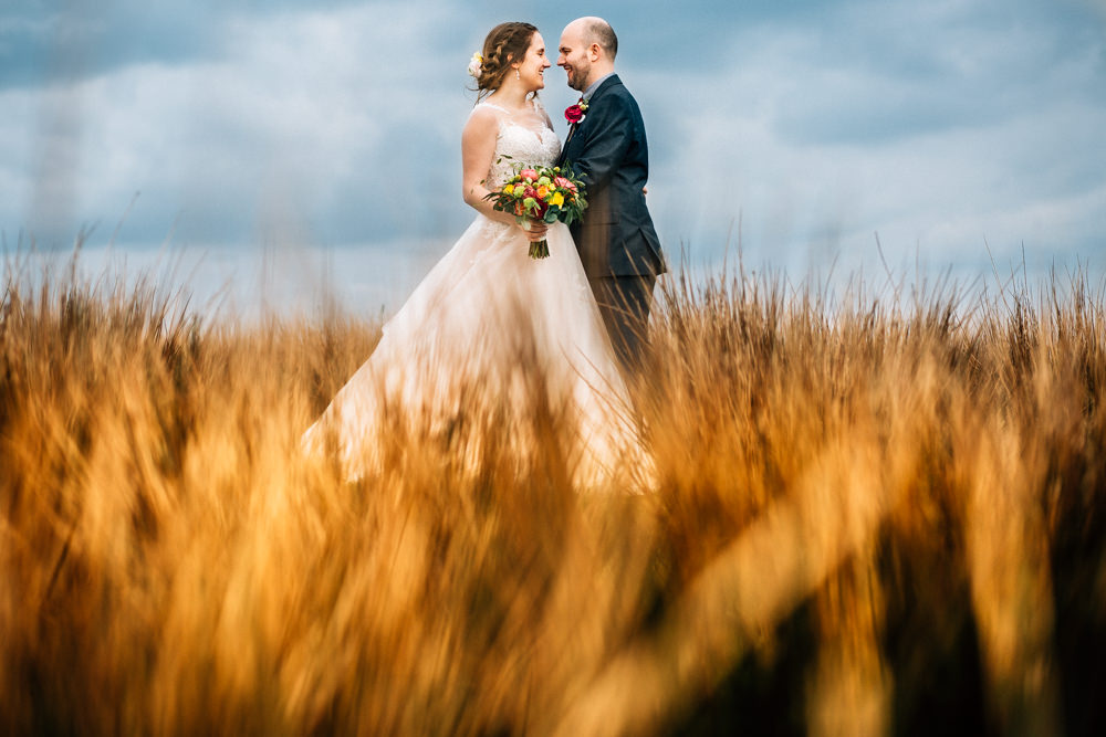 Bride Bridal Lace Tulle Full Skirt Sweetheart Illusion Navy Suit Orange Tie Groom Bouquet Fun Quirky Colourful Wedding Fairclough Studios